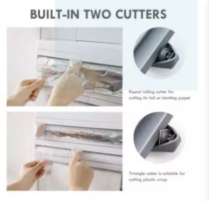 Wall-mounted 4-in-1 kitchen roll dispenser in the White color option, shown holding aluminum foil, plastic cling film, a paper towel roll, and spices on the top shelf.