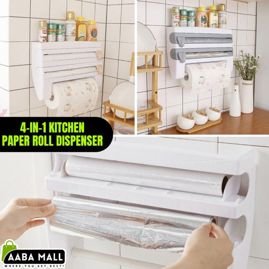 Wall-mounted 4-in-1 kitchen roll dispenser in the White color option, shown holding aluminum foil, plastic cling film, a paper towel roll, and spices on the top shelf.
