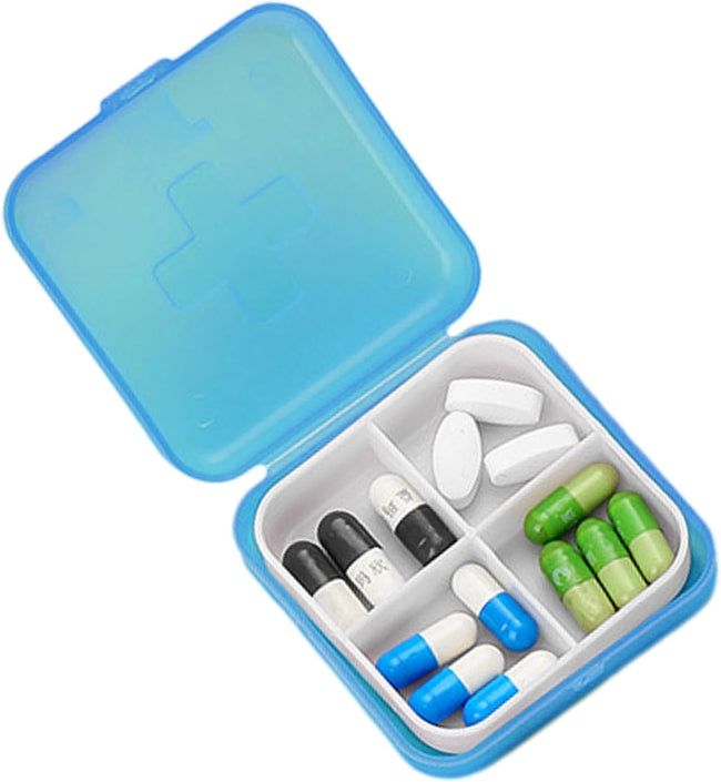 Compact square pill case organizer with four separate compartments, portable medicine box for daily doses of vitamins and supplements