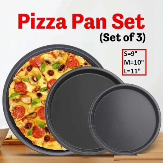 Set of three round black non-stick pizza pan trays, stacked together to show the 9-inch, 10-inch, and 11-inch multi-sizes, sitting on a kitchen counter.