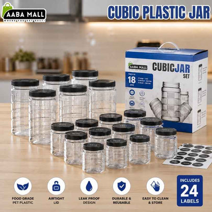AABA MALL CUBIC JAR 18-piece set with transparent food storage jars, black airtight lids and original storage box for kitchen organization