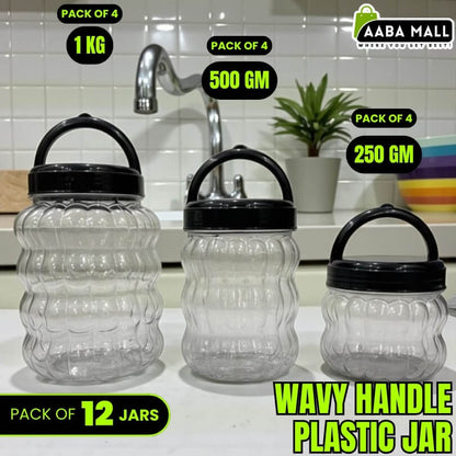 Plastic storage jars shown in different sizes for kitchen organization