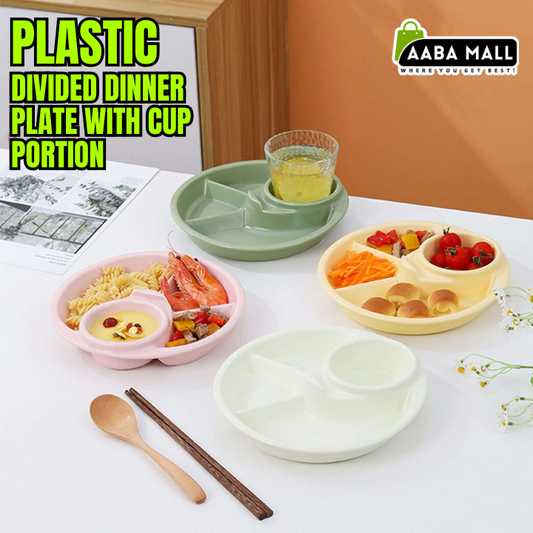 Plastic Divided Dinner Plate with Cup Portion - Portion Control Plate for Weight Loss | Solid Color Diet Control Plate for Adults