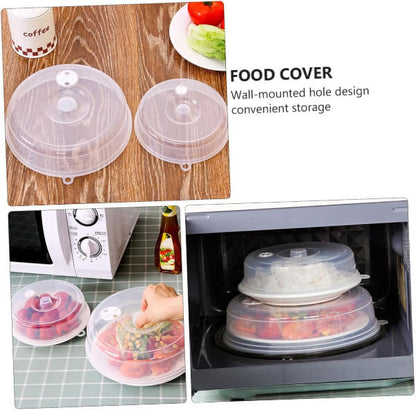 Food cover with wall-mounted holes for convenient storage, shown on a wooden surface and inside an oven.