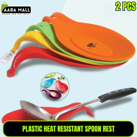 Set of colorful plastic heat resistant spoon rests with a spoon on a light blue background, branded 'AABA MALL'.