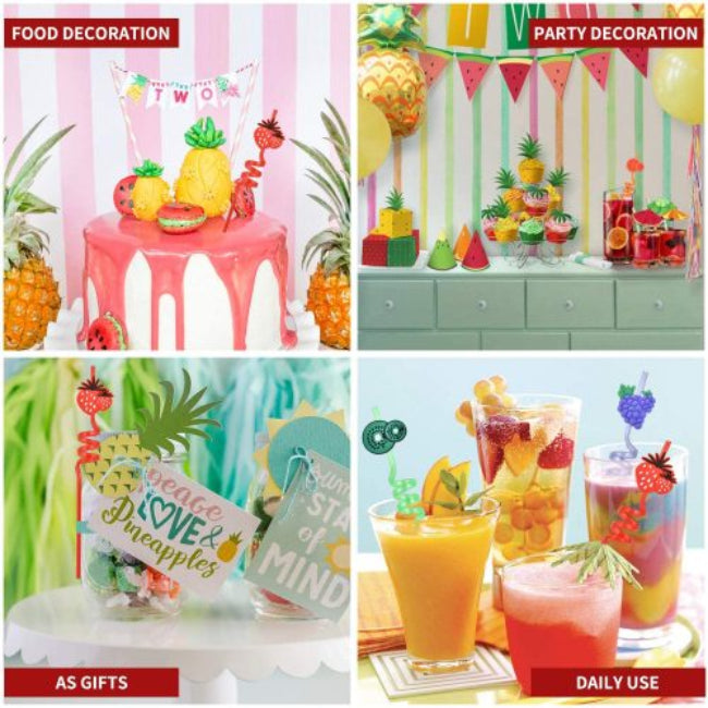 Pack of 4 reusable plastic drinking straws with colorful molded fruit tops (e.g., pineapple, strawberry), shown decorating glasses of brightly colored juice at a kids' birthday party.