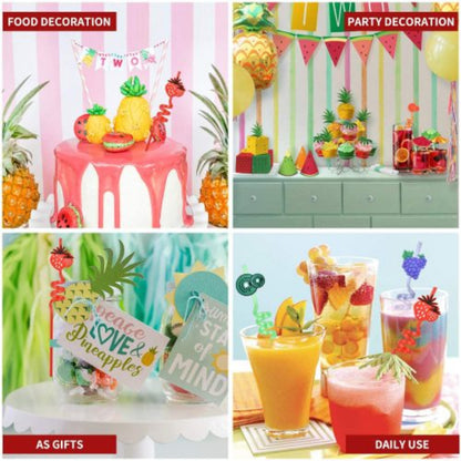 Pack of 4 reusable plastic drinking straws with colorful molded fruit tops (e.g., pineapple, strawberry), shown decorating glasses of brightly colored juice at a kids' birthday party.