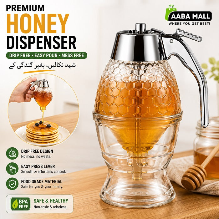 Premium honey dispenser with drip-free press lever and honeycomb design for easy honey serving