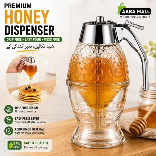 Premium honey dispenser with drip-free press lever and honeycomb design for easy honey serving