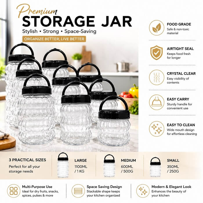 Premium food grade storage jars with airtight lids for kitchen organization, available in 1100ml, 600ml and 350ml sizes