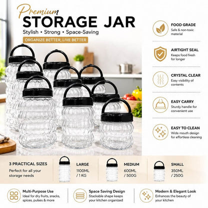 Premium food grade storage jars with airtight lids for kitchen organization, available in 1100ml, 600ml and 350ml sizes