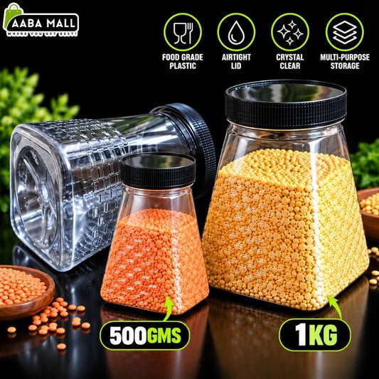 Transparent pyramid storage jar with black lid for storing pulses, lentils, snacks and spices in the kitchen