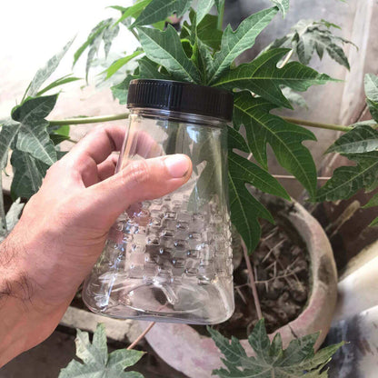 Pyramid Design plastic storage jar held by hand showing its size