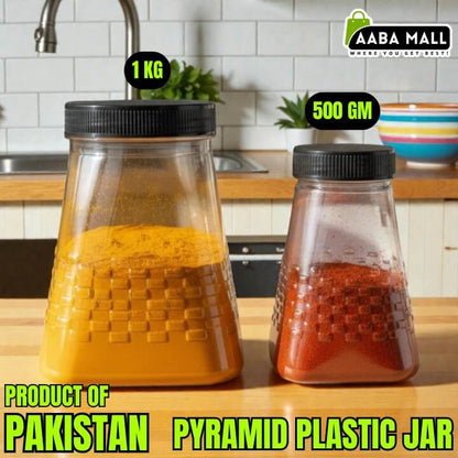 Pyramid Design plastic storage jars displayed with kitchen ingredients