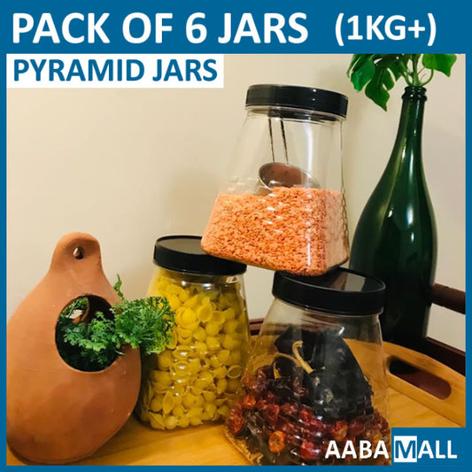6-pack large pyramid design storage jars with rack, 1kg food grade plastic organizer set for kitchen masalas, pulses, and bulk snacks in Pakistan