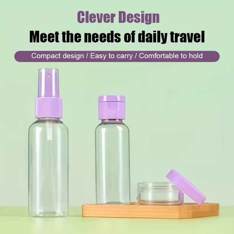 Portable travel 7-piece split bottle set packaging on a kitchen counter with 'AABA MALL' branding.