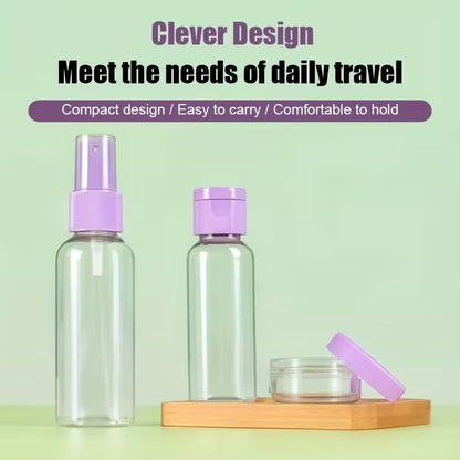 Portable travel 7-piece split bottle set packaging on a kitchen counter with 'AABA MALL' branding.
