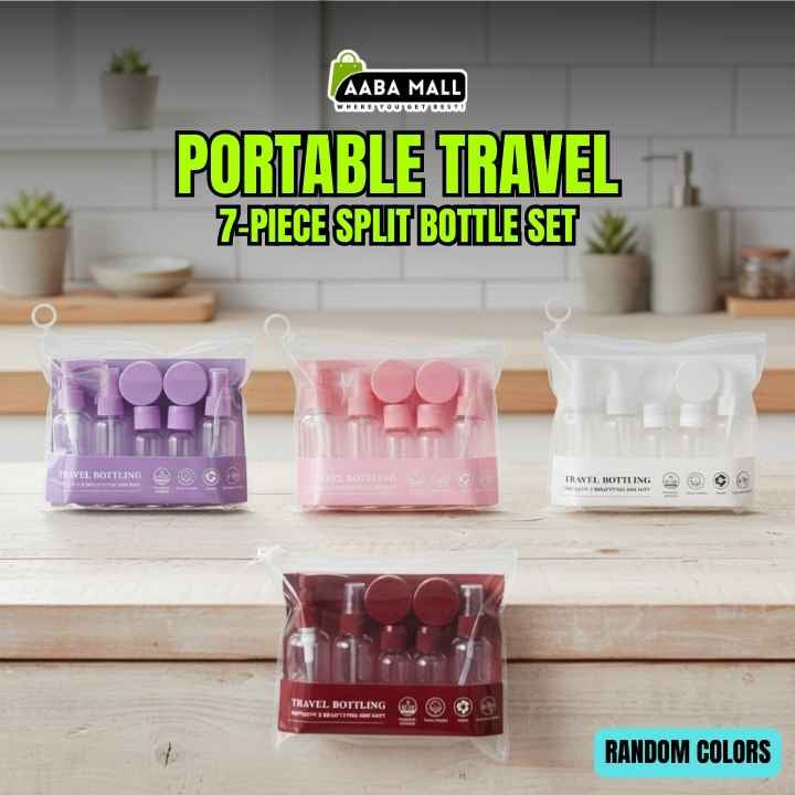 Portable travel 7-piece split bottle set packaging on a kitchen counter with 'AABA MALL' branding.