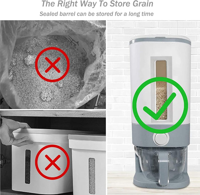 10KG transparent plastic rice grain dispenser shown dispensing white rice into the included measuring cup, illustrating the controlled pouring mechanism.