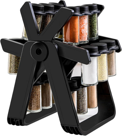 Close-up of an 18-jar stainless steel rotating spice rack organizer designed like a Ferris Wheel, showing the small glass jars filled with various colorful spices and herbs on a kitchen counter.