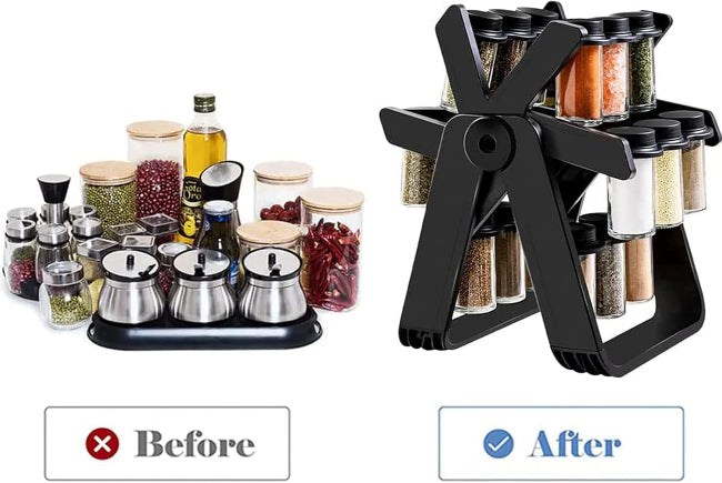 Close-up of an 18-jar stainless steel rotating spice rack organizer designed like a Ferris Wheel, showing the small glass jars filled with various colorful spices and herbs on a kitchen counter.