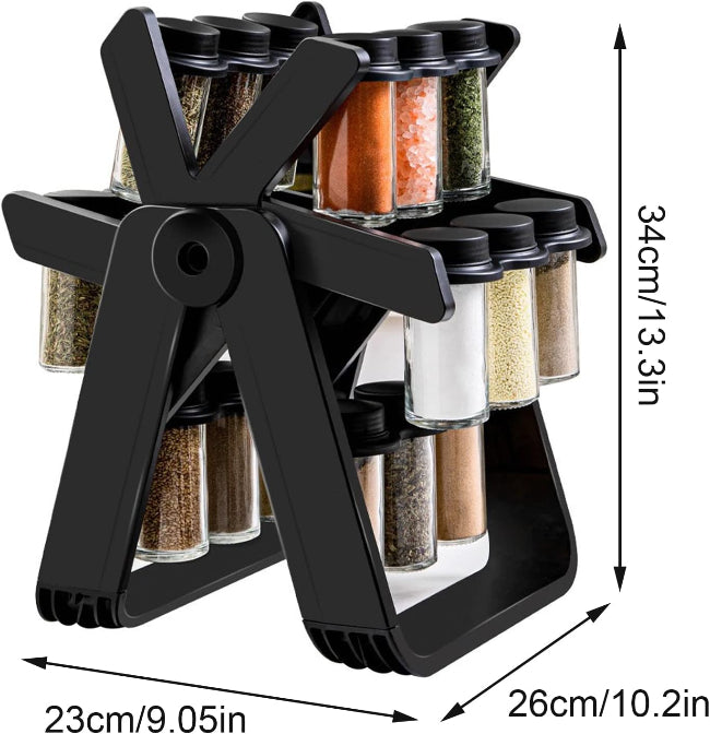 Close-up of an 18-jar stainless steel rotating spice rack organizer designed like a Ferris Wheel, showing the small glass jars filled with various colorful spices and herbs on a kitchen counter.