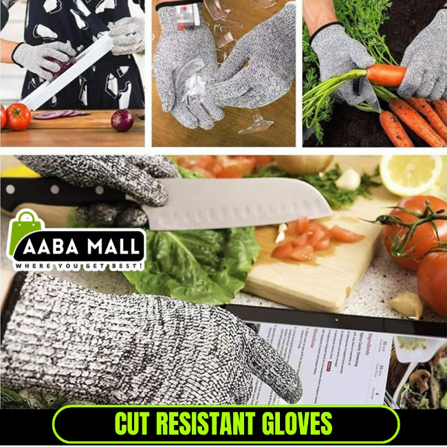 Close-up of a hand wearing a grey Level 5 cut resistant safety glove, securely holding a large onion while the other hand uses a sharp chef's knife for slicing on a cutting board.
