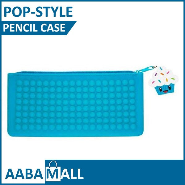 A bright blue textured pencil case with a small cupcake charm, shown on a white background with 'POP-STYLE PENCIL CASE' text at the top and 'AABAMALL' branding at the bottom.
