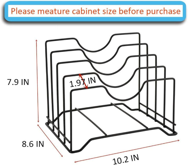 Adjustable pot lid holder and pan organizer rack, metal kitchen shelf storage for cabinet organization, space-saving vertical storage