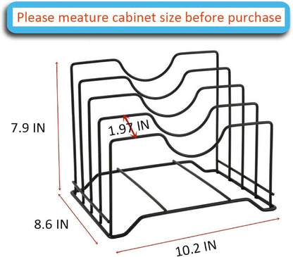 Adjustable pot lid holder and pan organizer rack, metal kitchen shelf storage for cabinet organization, space-saving vertical storage