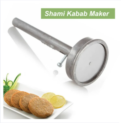Stainless steel Shami Kabab Maker tool pressing a perfectly round, uniform kabab patty, kitchen gadget for homemade cutlets