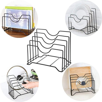 Adjustable pot lid holder and pan organizer rack, metal kitchen shelf storage for cabinet organization, space-saving vertical storage