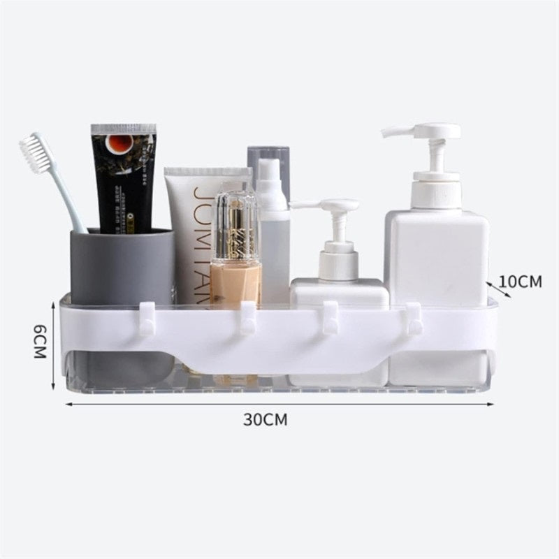 Kitchen Bathroom Shelf Wall-mounted Storage Rack with Hooks Plastic Container Storage Organizer No Drilling Shelves - AABA MALL