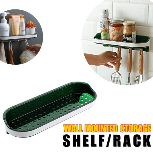 Kitchen Bathroom Storage Rack with Hooks Washroom Shelf Wall-mounted  Plastic Container Storage Organizer - AABA MALL