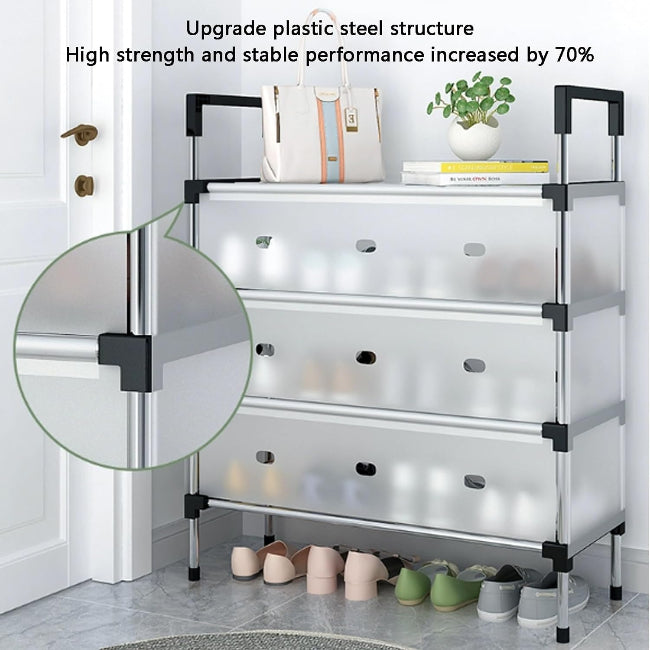 5-tier black metal shoe rack organizer, shown fully assembled and holding ten pairs of various shoes (sneakers, sandals, boots) in a small entryway.