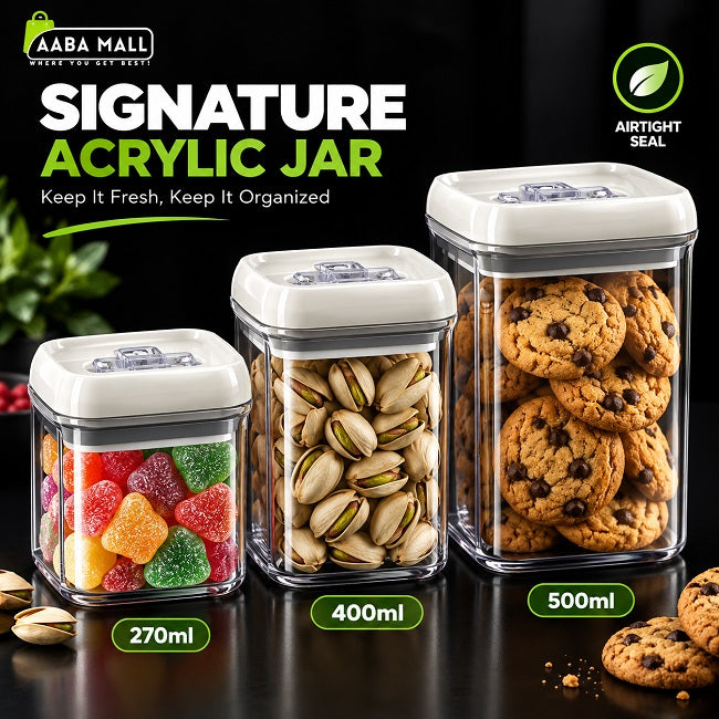 Signature acrylic food storage jars in 270ml 400ml and 500ml sizes with airtight lids for snacks spices and kitchen storage
