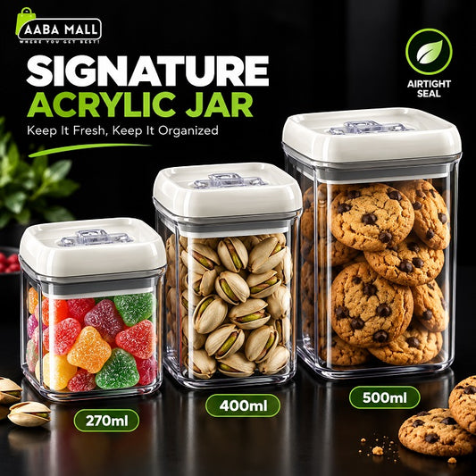 Signature acrylic food storage jars in 270ml 400ml and 500ml sizes with airtight lids for snacks spices and kitchen storage