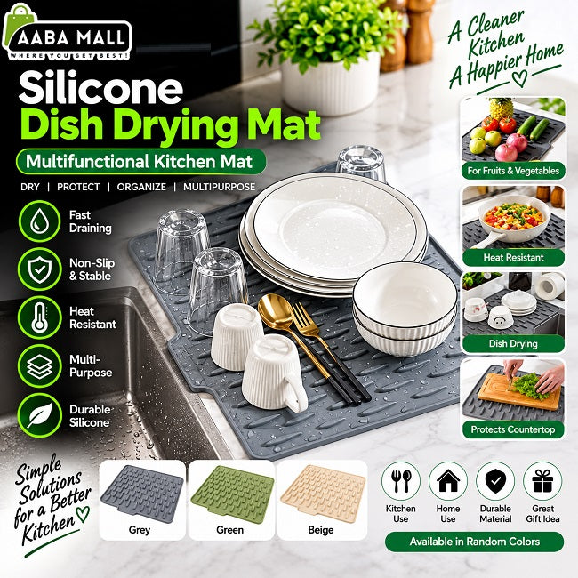 Silicone dish drying mat for kitchen countertop, dishes, glasses, fruits, vegetables and cookware with fast drainage and non-slip design
