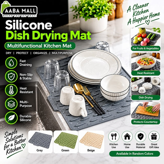 Silicone dish drying mat for kitchen countertop, dishes, glasses, fruits, vegetables and cookware with fast drainage and non-slip design