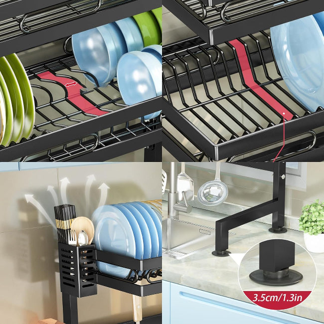2-tier over-the-sink dish drying rack, large capacity metal organizer for plates, bowls, knives, and utensil drainage