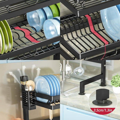 2-tier over-the-sink dish drying rack, large capacity metal organizer for plates, bowls, knives, and utensil drainage