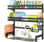 2-tier over-the-sink dish drying rack, large capacity metal organizer for plates, bowls, knives, and utensil drainage