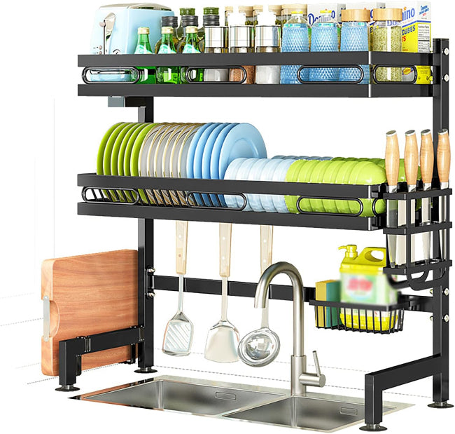 2-tier over-the-sink dish drying rack, large capacity metal organizer for plates, bowls, knives, and utensil drainage