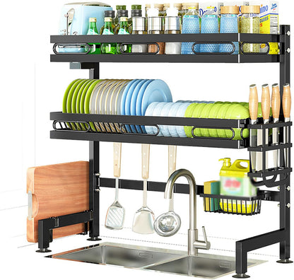 2-tier over-the-sink dish drying rack, large capacity metal organizer for plates, bowls, knives, and utensil drainage
