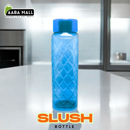 Large 1500ml premium plastic water bottle with a frosted slush-style finish, shown filled with water on a gym bench, highlighting the easy-carry handle.