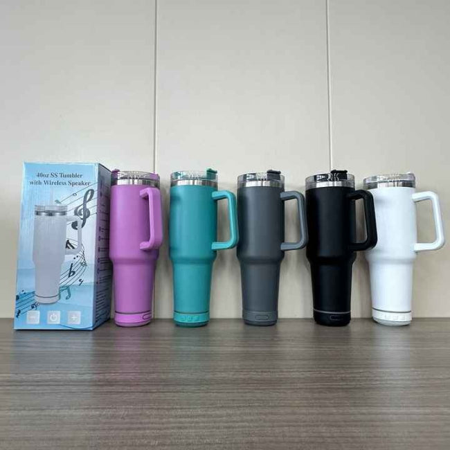 40oz 1200ml insulated stainless steel tumbler with built-in detachable Bluetooth speaker base, smart water bottle for music and hydration