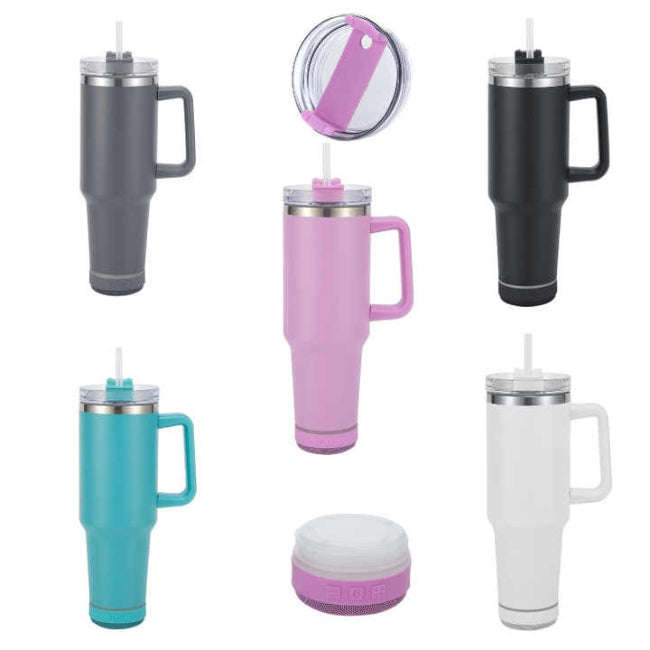40oz 1200ml insulated stainless steel tumbler with built-in detachable Bluetooth speaker base, smart water bottle for music and hydration