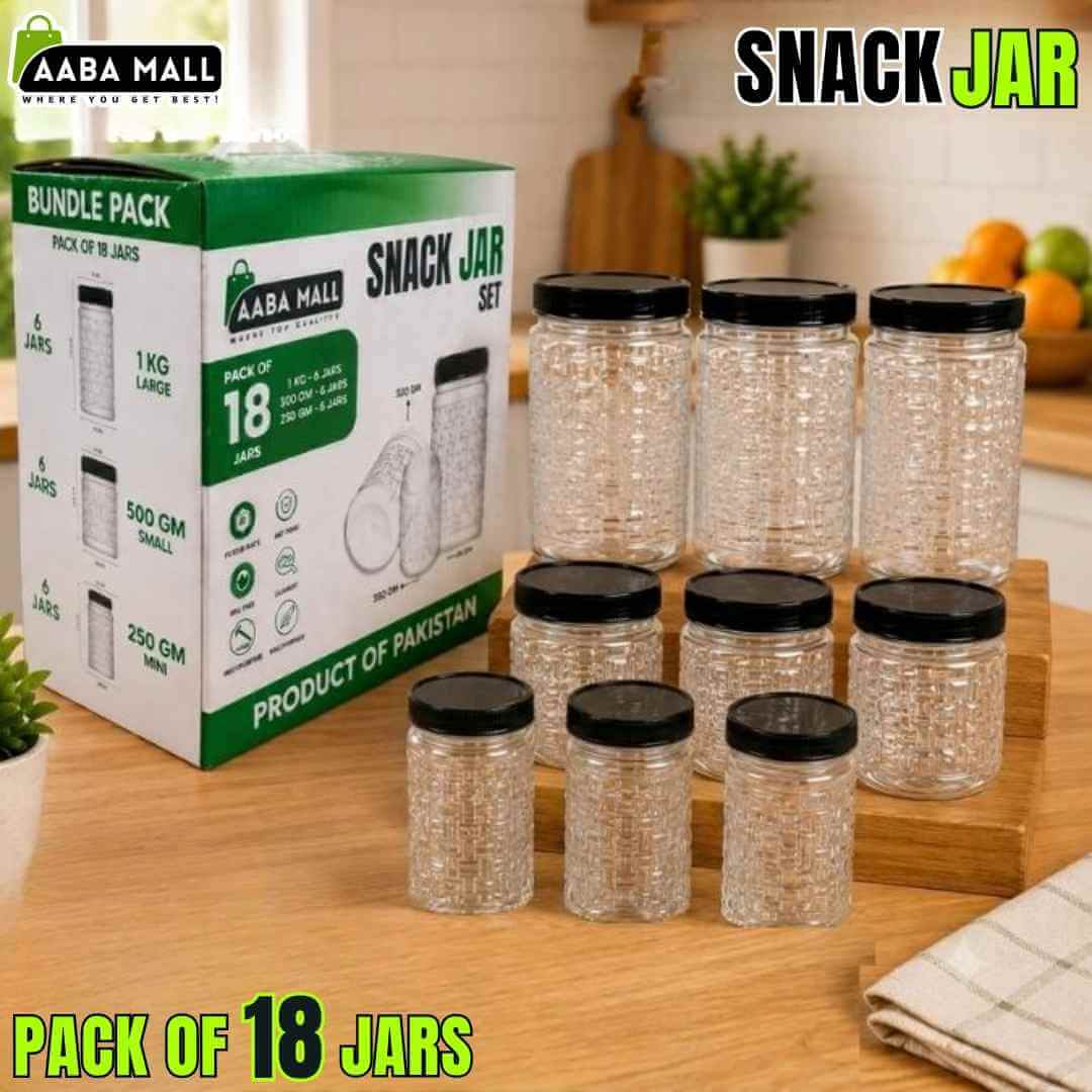 AabaMall Premium Pack of 18 Airtight Plastic Snack Jar Set with Black Lids (6 x 1KG, 6 x 500GM & 6 x 250GM) | BPA-Free Food Grade Kitchen Storage Containers, Rashan Jars, Plastic Dabbay, Masala, Daal, Chawal, Cheeni & Dry Fruits Storage | Cash on Delivery (COD) Available Across Pakistan at AabaMall.pk