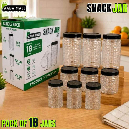 AabaMall Premium Pack of 18 Airtight Plastic Snack Jar Set with Black Lids (6 x 1KG, 6 x 500GM & 6 x 250GM) | BPA-Free Food Grade Kitchen Storage Containers, Rashan Jars, Plastic Dabbay, Masala, Daal, Chawal, Cheeni & Dry Fruits Storage | Cash on Delivery (COD) Available Across Pakistan at AabaMall.pk