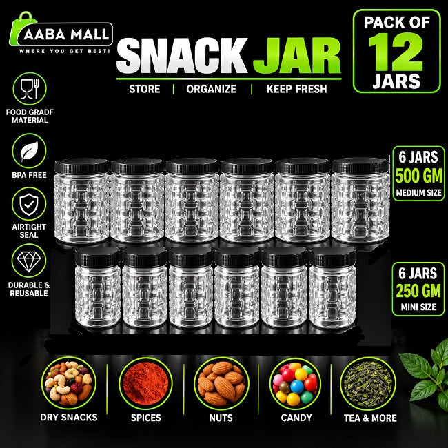 Pack of 12 transparent snack jars with black lids, including 6 jars of 500GM and 6 jars of 250GM for kitchen storage, spices, dry snacks and nuts